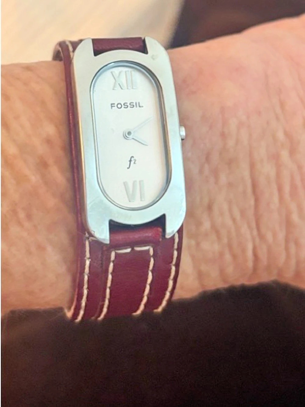 Fossil F2 Vintage Rectangular Watch with Red Leather Strap Burgundy Leather